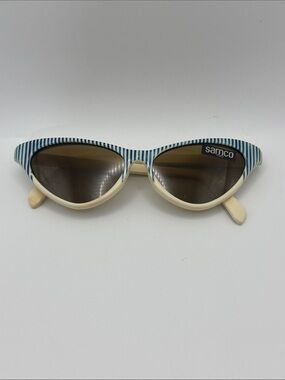Vintage 1960s Samco Striped Cat-Eye Sunglasses Blue & Cream Made in Italy